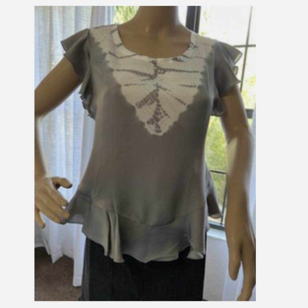 CHASER Silk Tie Dye Gray/White Short Sleeve Blouse SMALL New W/Tags